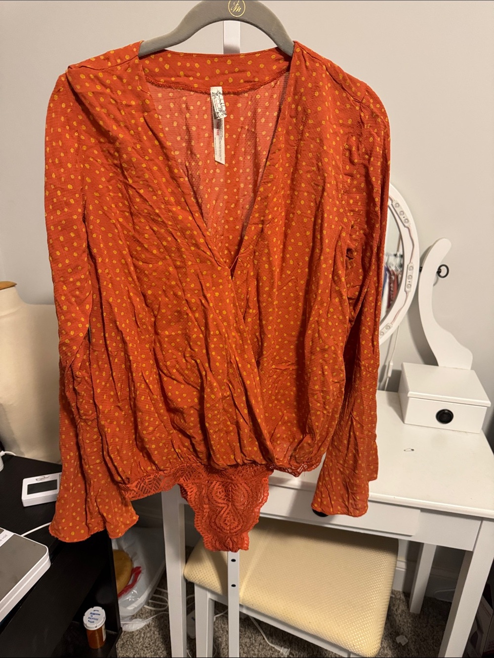 Rust Dot Wrap-Style Long bodysuit